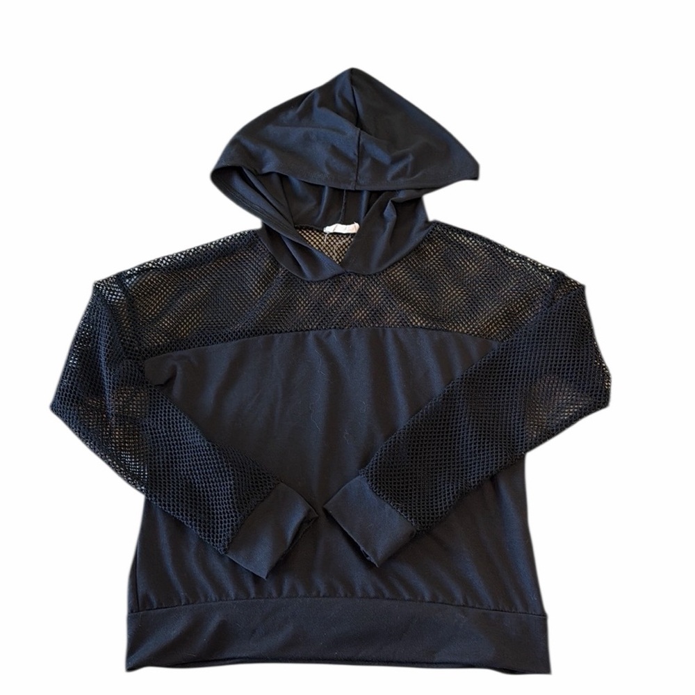 Kids Black Mesh Sleeve Hooded Dance Top